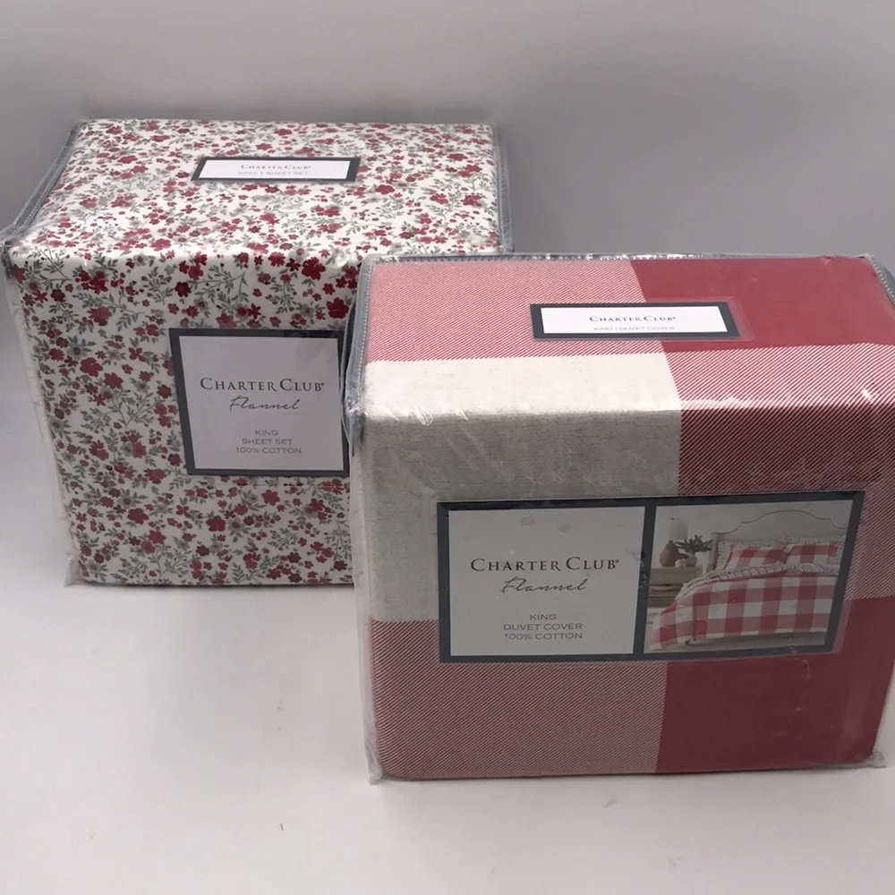 7 Pc Set Charter Club Red Check Flannel Duvet Cover Sheets Shams